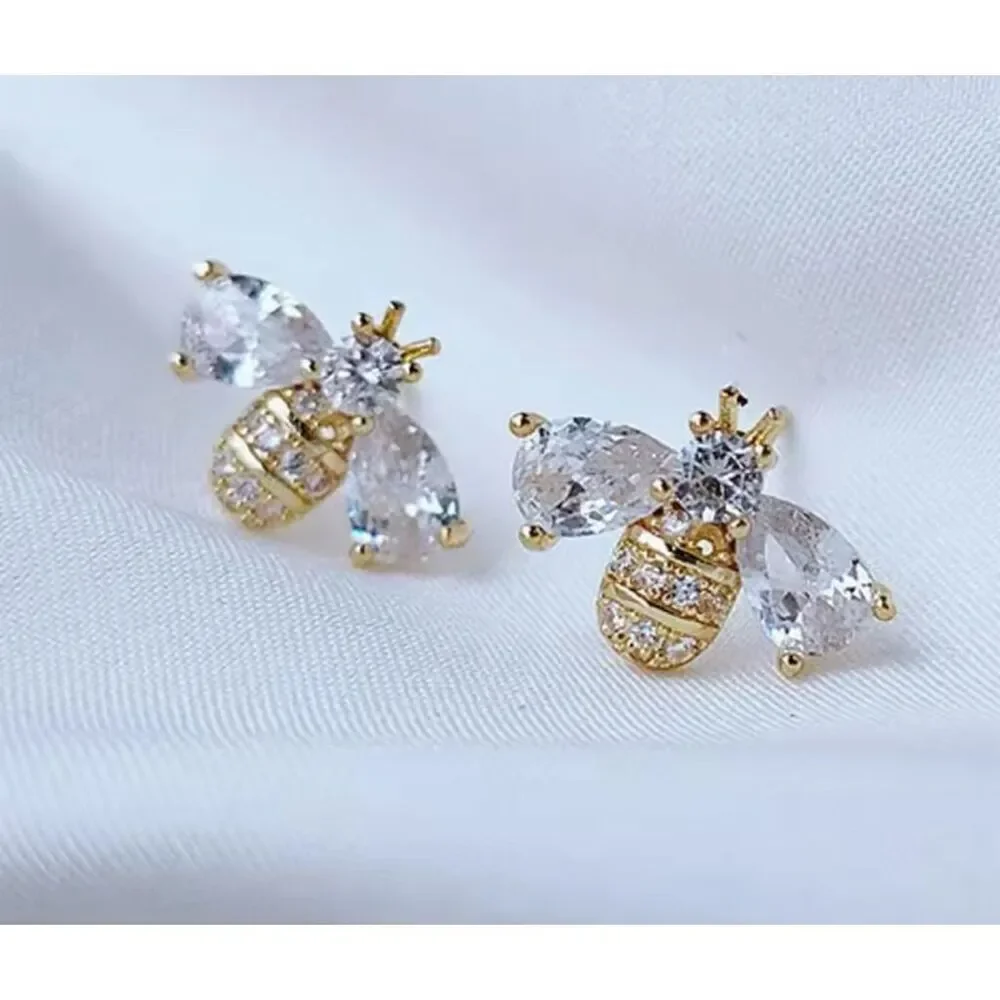 Gold-Tone Bee Stud Earrings Cubic Zirconia Chic Party Gift Birthday